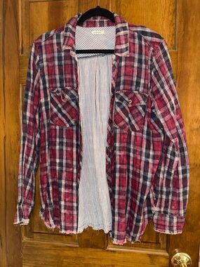 EUC Sneak Peak distressed frayed plaid button down shirt size large super soft